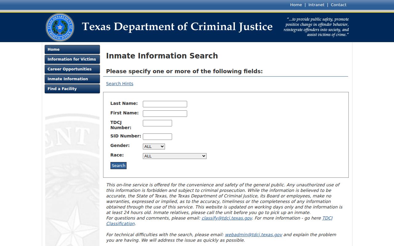 TDCJ inmate search fields after a Zavala County conviction