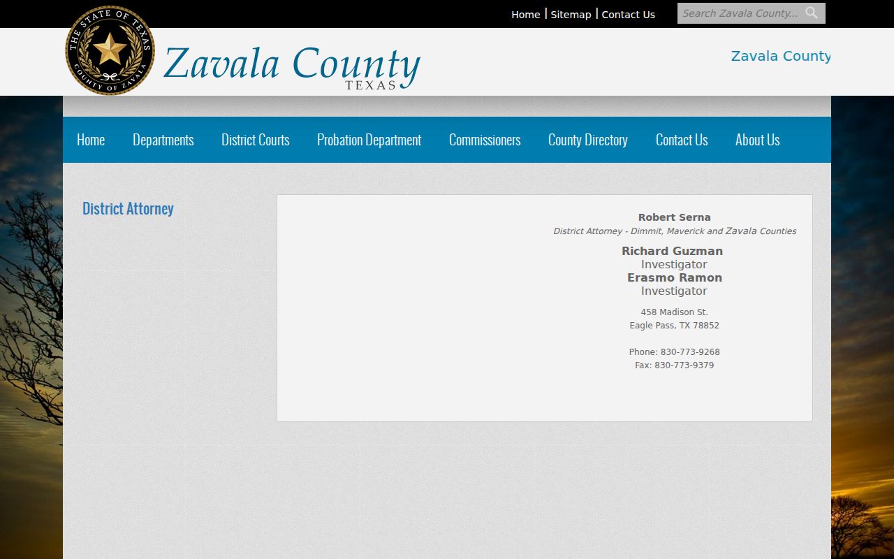 Zavala County District Attorney page in the arrest-to-court record path