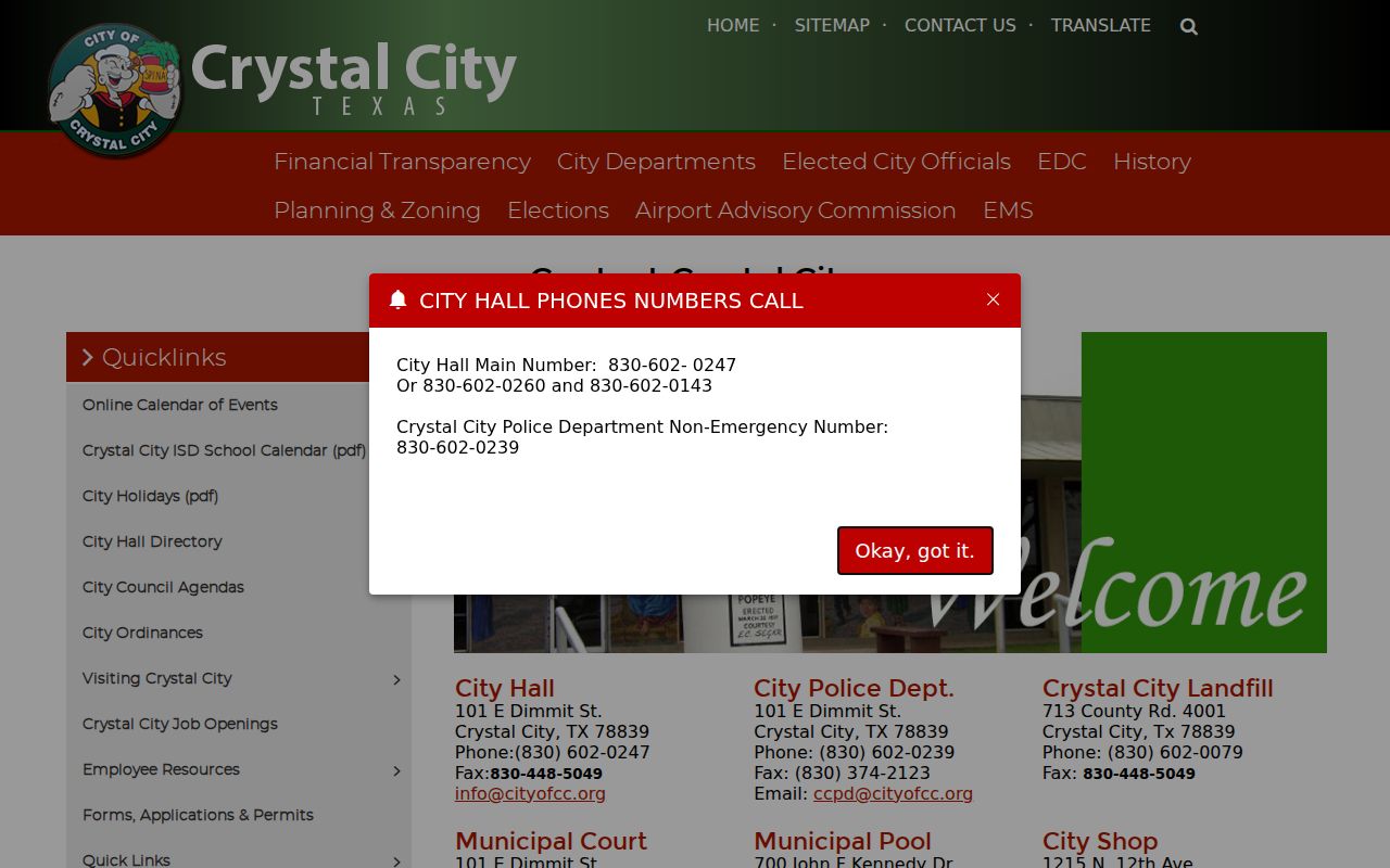 Crystal City criminal records offices at the City Hall and Police Department complex