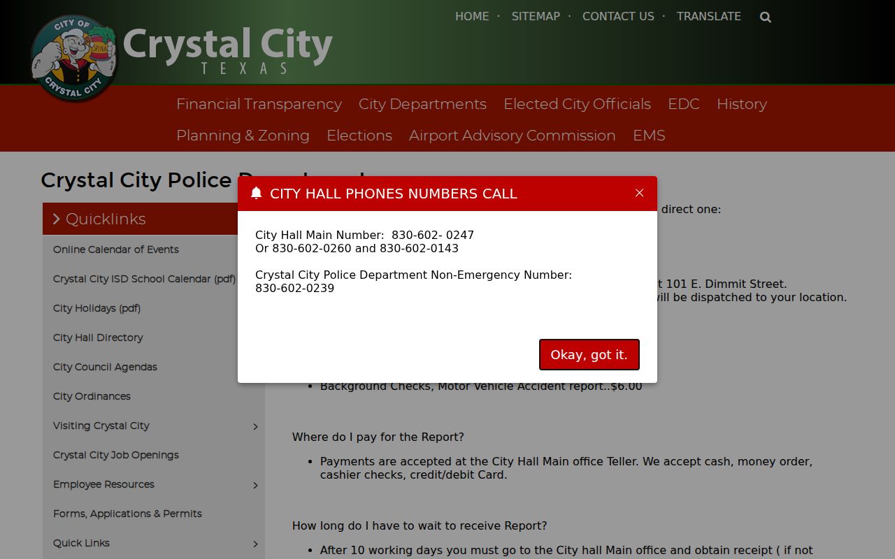 Crystal City criminal history police report fees and request process