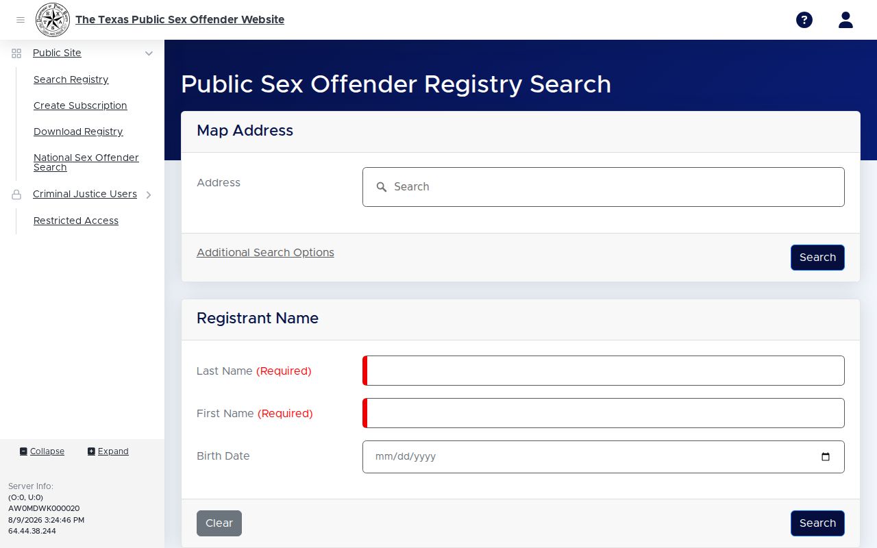 Zavala County sex offender registry name and location search interface